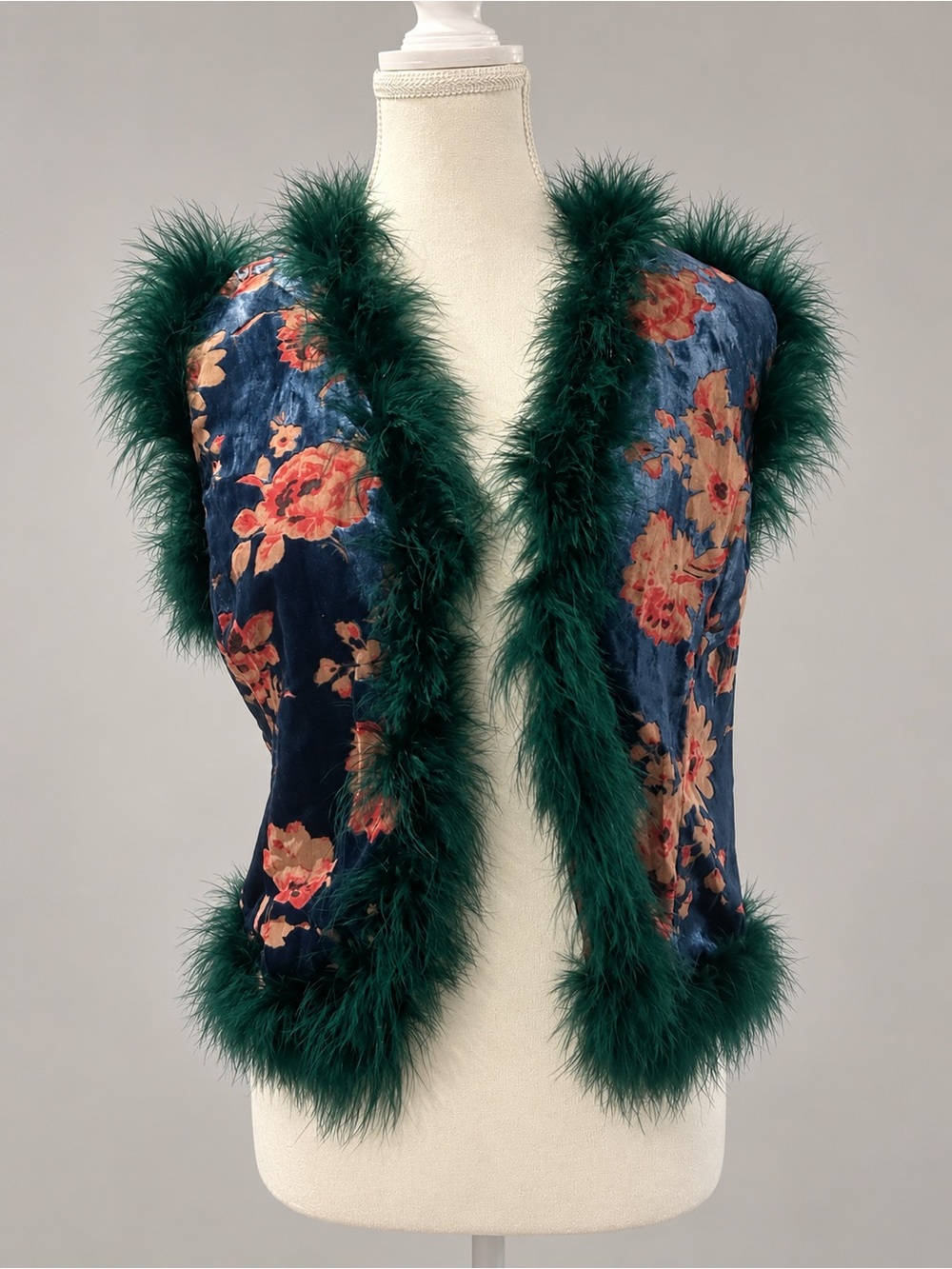 Line & Dot Floral Fabric Vest with Green Feather Trim